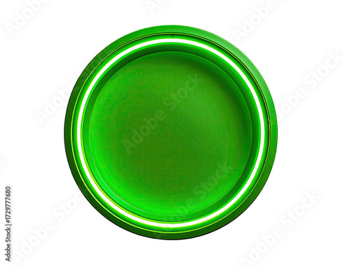 Green circular button with glowing neon ring