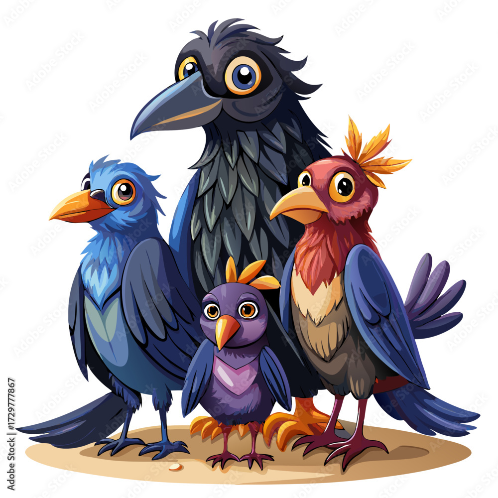 Naklejka premium A Group of Cartoon Birds with Distinctive Plumage and Features