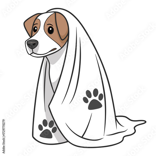 Animated dog sits draped in a white blanket with paw prints on transparent background