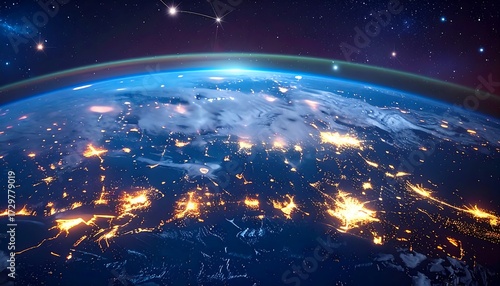 A realistic depiction of Earth from space at night, with city lights glowing and the atmosphere visible. Above, stars shine brightly in a dark, celestial panorama