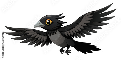 Cartoon Crow in Flight with Wings Extended on a White Background