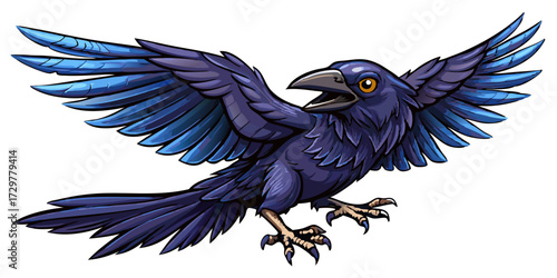 Dramatic cartoon raven flapping its wings aggressively and showing its claws