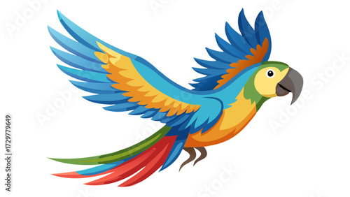 Colorful cartoon parrot flying with wings spread out, illustration, vector art