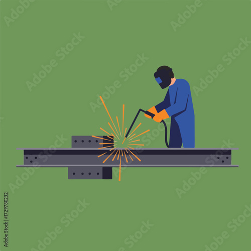 A vector image depicts a welder in full protective gear, welding metal on a horizontal I-beam, with bright orange sparks flying from the welding point.