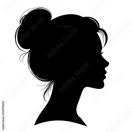 Black Vector Silhouette of Woman Face in Side Profile with Bun Hairstyle