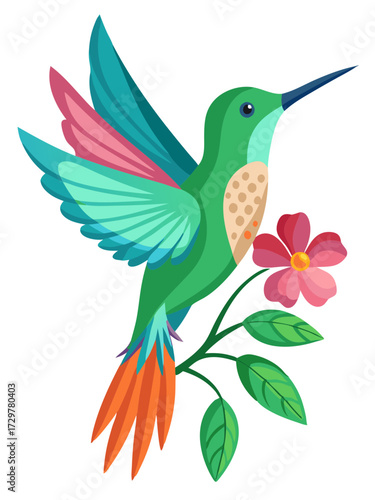 Stylized hummingbird with colorful wings hovering next to a vibrant flower