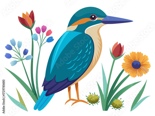 Illustration of a colorful Kingfisher bird surrounded by various flower species