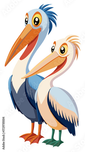 Two cartoon pelicans standing side by side with smiles on their faces