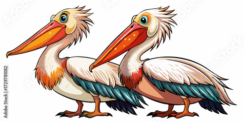 Two Cartoon Pelicans Standing Together in Bright Colors on a White Background