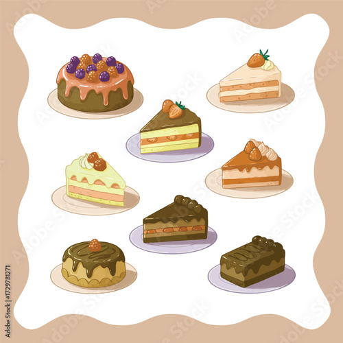 Assortment of delicious cakes and cake slices with various toppings.