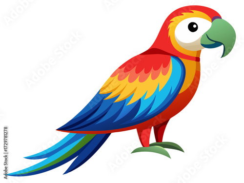 Colorful cartoon macaw parrot standing tall with beautiful feathers illustration