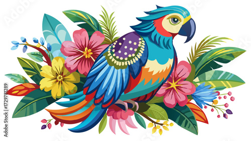 Vibrant parrot illustration surrounded by colorful flowers and lush tropical foliage elements