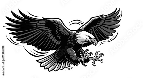 Grayscale Bald Eagle Attack Vector Illustration, Aggressive Bird of Prey with Open Talons and Dynamic Wings, Emblematic Design for Strength