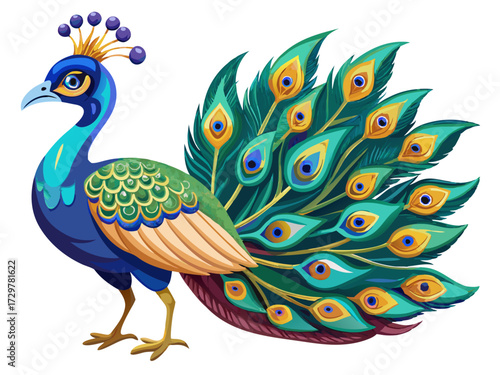 Colorful Cartoon Peacock with Intricate Feather Details and a Regal Appearance