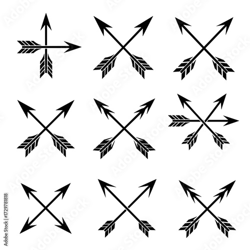 Set of Crossed Tribal Arrows Vector Icons, Native American Inspired Design Elements Symbolizing Friendship, Strength, and Protection