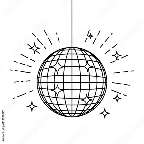 Retro Disco Ball with Sparkles Vector Outline Illustration