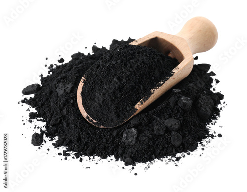 Black activated charcoal powder heap isolated on a white background.