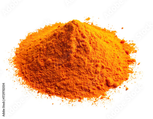 Carrot powder isolated on white background next to fresh carrots.