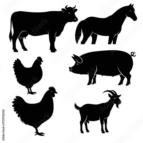Set of Six Farm Animals Silhouettes Vector Illustration