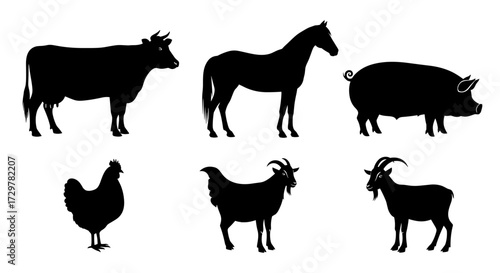 Assortment of Six Farm Animals Silhouettes Vector