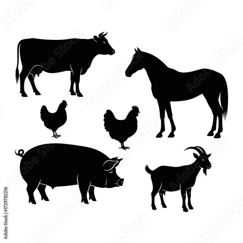 Diverse Farm Animals Silhouette Vector Art Set