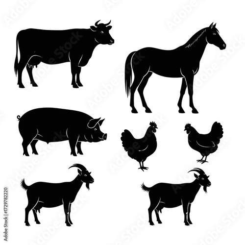 Collection of Farm Animals Silhouettes Vector Graphic