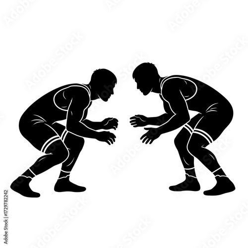 Two Wrestlers in Ready Stance Silhouette Vector