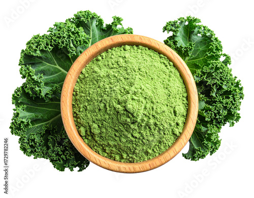 Kale powder isolated on white background, presented as a vibrant green mound.