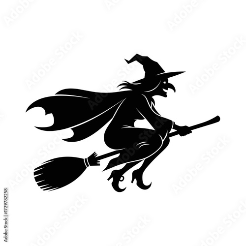 Flying Witch on Broomstick Silhouette Vector Icon