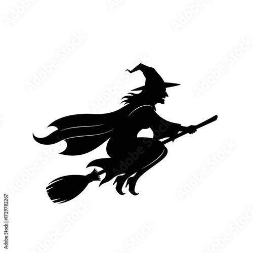 Witch Flying on Broom Silhouette for Halloween Design