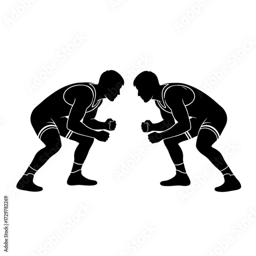 Two Wrestlers in Attack Stance Silhouette Illustration
