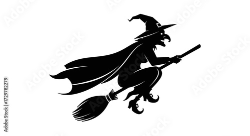 Spooky Witch on Broomstick Silhouette Vector Graphic