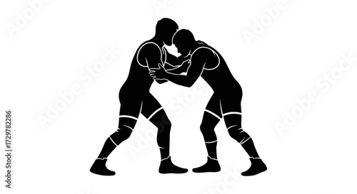 Two Wrestlers Grappling in Action Silhouette Vector