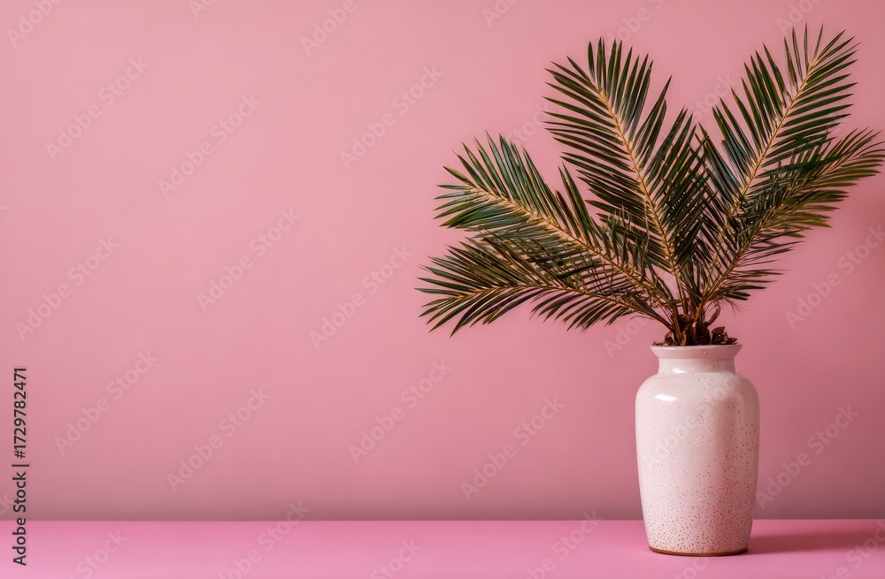 Obraz premium A cream-colored vase with palm fronds against a pink backdrop