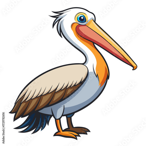 Cartoon pelican standing with big beak and blue eyes on white