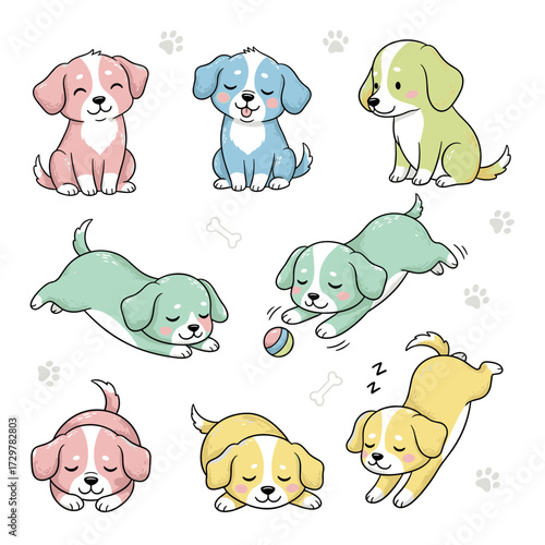 Adorable Pastel Puppies Cartoon Set - Cute Dog Characters in Playful Poses