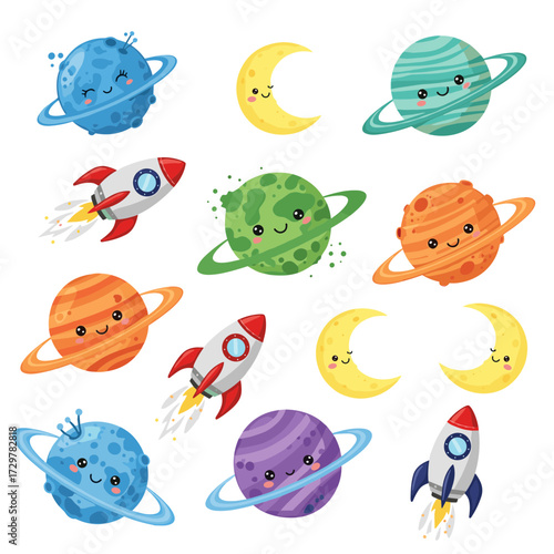 Cute Cartoon Space Elements Set - Planets, Rockets, and Moon Characters