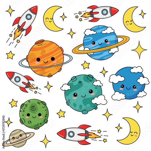 Adorable Cartoon Planets and Rockets Collection - Whimsical Space Themed Graphics