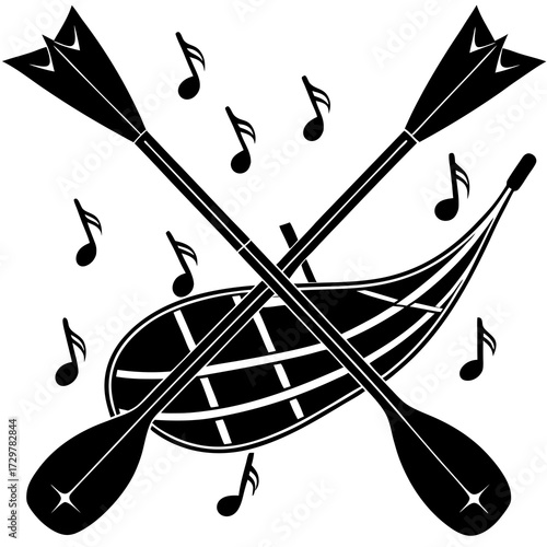 Kayak adventure with musical tunes, paddles crossed in joyful harmony design