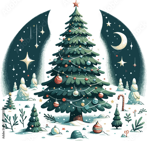 A beautifully decorated Christmas tree stands in a snowy landscape under a starry night sky with a crescent moon, in a festive illustration style.