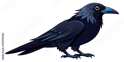 Cartoon raven standing on white background with blue beak and dark feathers