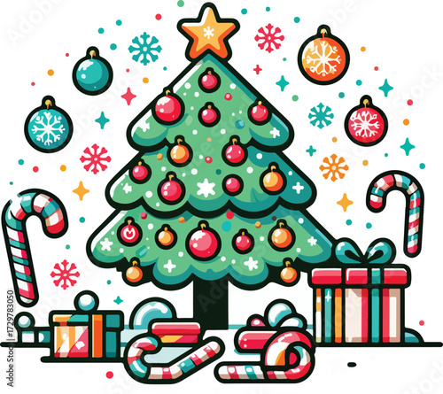 A beautifully decorated Christmas tree stands in a snowy landscape under a starry night sky with a crescent moon, in a festive illustration style.