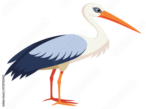 Elegant Cartoon Stork Standing Tall with Graceful Posture on White Background