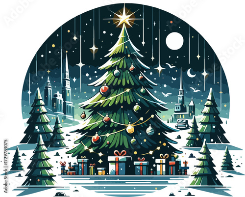 A beautifully decorated Christmas tree stands in a snowy landscape under a starry night sky with a crescent moon, in a festive illustration style.