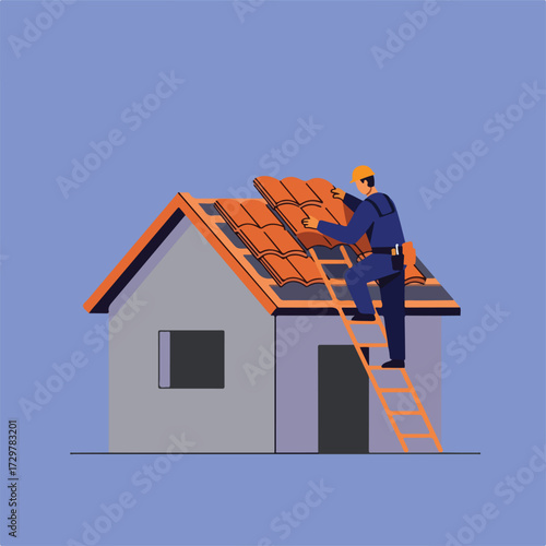 A digital illustration depicts a construction worker on a ladder, repairing or installing tiles on the roof of a house against a solid blue background.