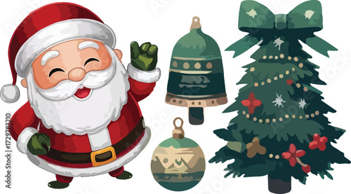 A beautifully decorated Christmas tree stands in a snowy landscape under a starry night sky with a crescent moon, in a festive illustration style.