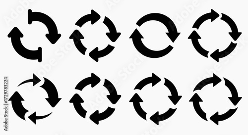 Collection of Circular Refresh and Recycling Arrow Icons, Black Vector Set