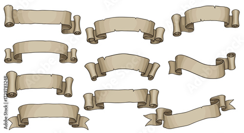 Set of Old Parchment Scroll Banners: Vintage Paper Ribbons and Curled Edges