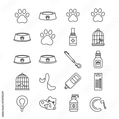 Pet Care Outline Icon Set: Bowls, Paws, Medicine, and Cages Vector