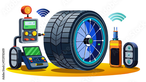 Cartoon representation of a smart tire system with computer control and sensors